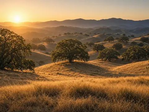 AI image of open foothill grassland with an oak tree