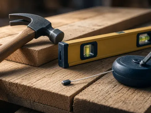 AI image of a hammer, level and chalk line on a workbench