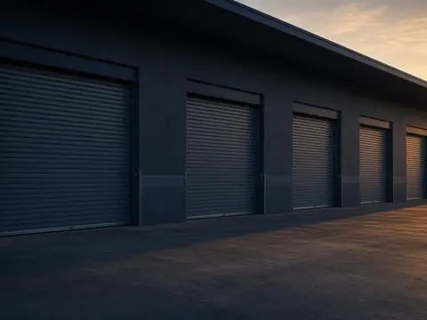 AI image of closed warehouse roll-up doors on an empty street